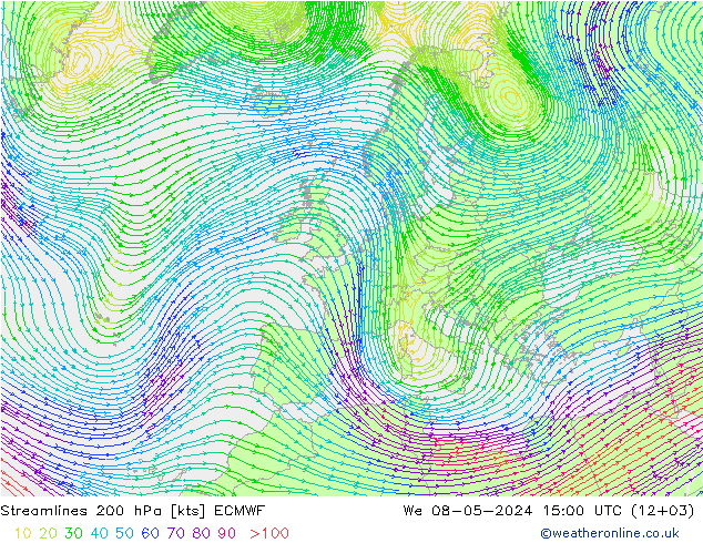 Streamlines 200 hPa ECMWF St 08.05.2024 15 UTC