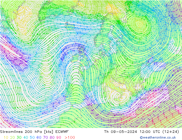 Streamlines 200 hPa ECMWF Th 09.05.2024 12 UTC
