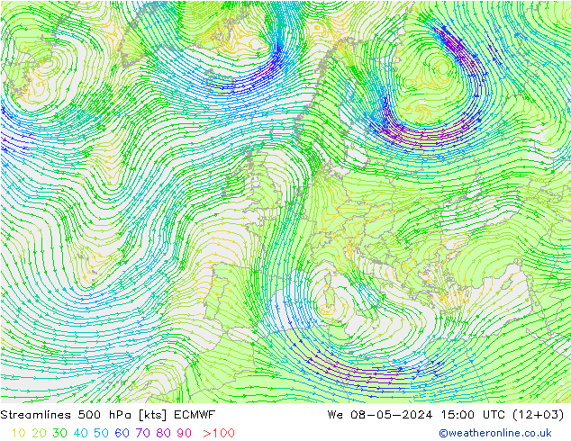 Línea de corriente 500 hPa ECMWF mié 08.05.2024 15 UTC