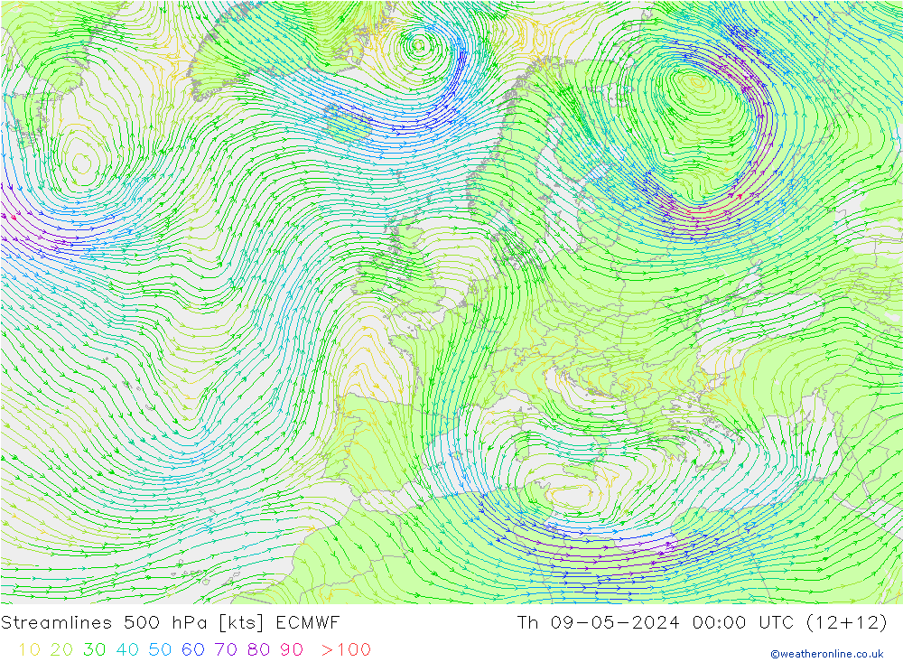 Streamlines 500 hPa ECMWF Th 09.05.2024 00 UTC
