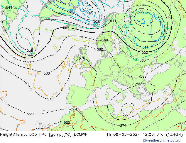 Z500/Rain (+SLP)/Z850 ECMWF Th 09.05.2024 12 UTC