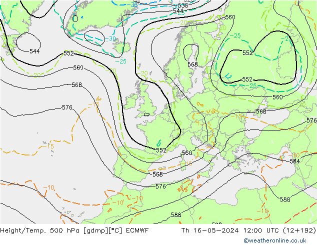 Z500/Rain (+SLP)/Z850 ECMWF Do 16.05.2024 12 UTC