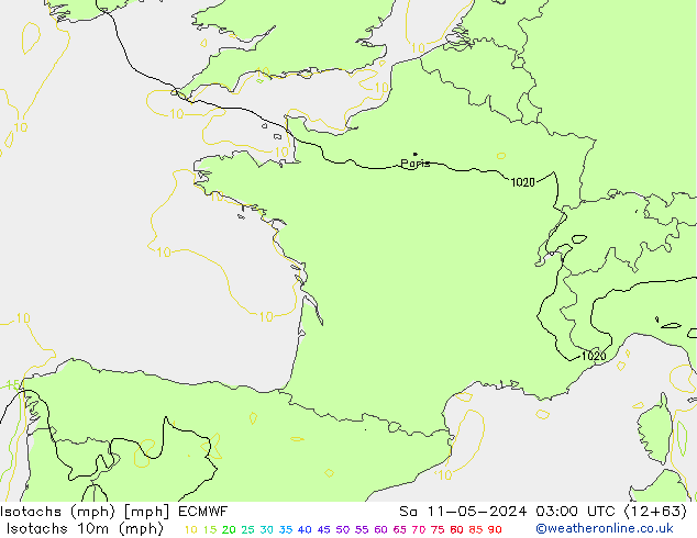 Isotachs (mph) ECMWF Sa 11.05.2024 03 UTC
