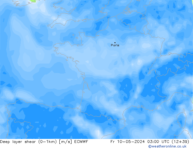 Deep layer shear (0-1km) ECMWF Fr 10.05.2024 03 UTC
