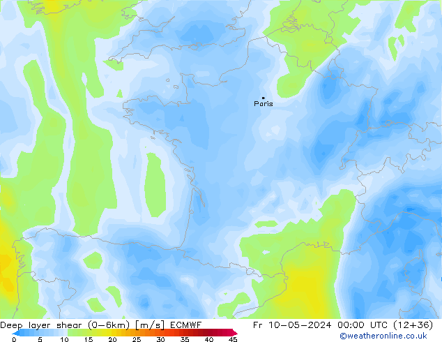Deep layer shear (0-6km) ECMWF Fr 10.05.2024 00 UTC
