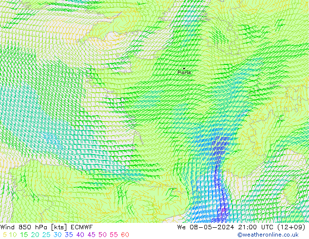 Vent 850 hPa ECMWF mer 08.05.2024 21 UTC