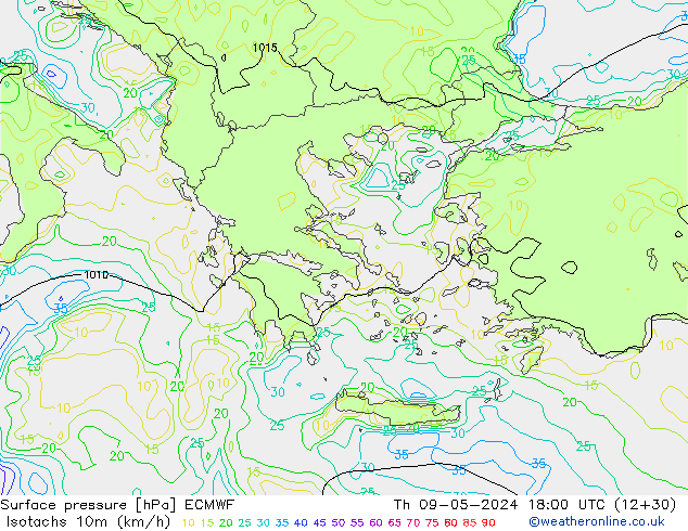 Isotachs (kph) ECMWF  09.05.2024 18 UTC