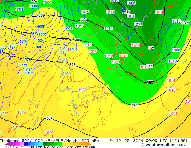 Dikte 500-1000hPa ECMWF vr 10.05.2024 00 UTC