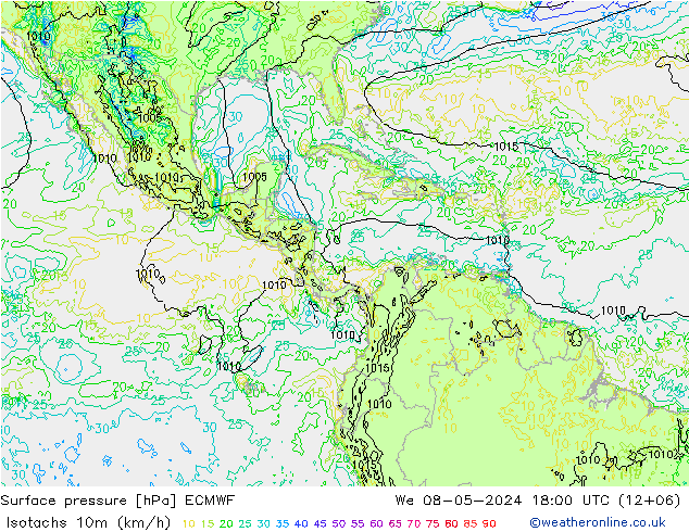 Isotaca (kph) ECMWF mié 08.05.2024 18 UTC