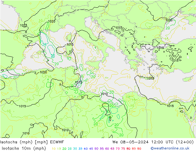 Isotachs (mph) ECMWF mer 08.05.2024 12 UTC