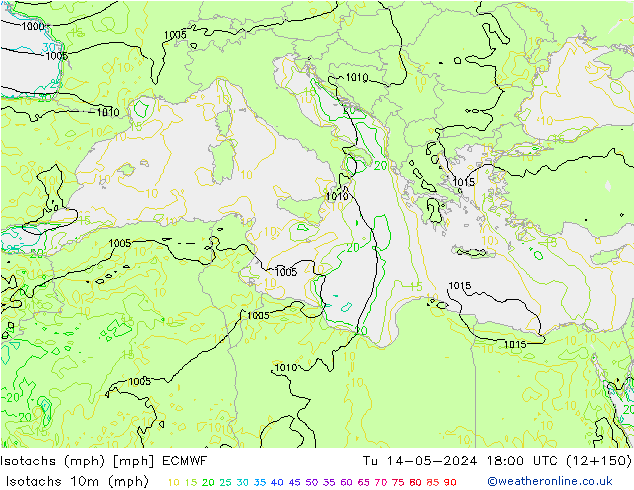 Isotachs (mph) ECMWF mar 14.05.2024 18 UTC