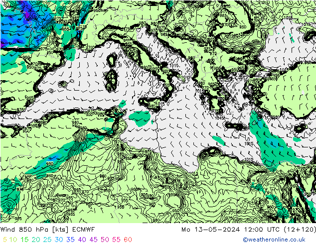 ветер 850 гПа ECMWF пн 13.05.2024 12 UTC