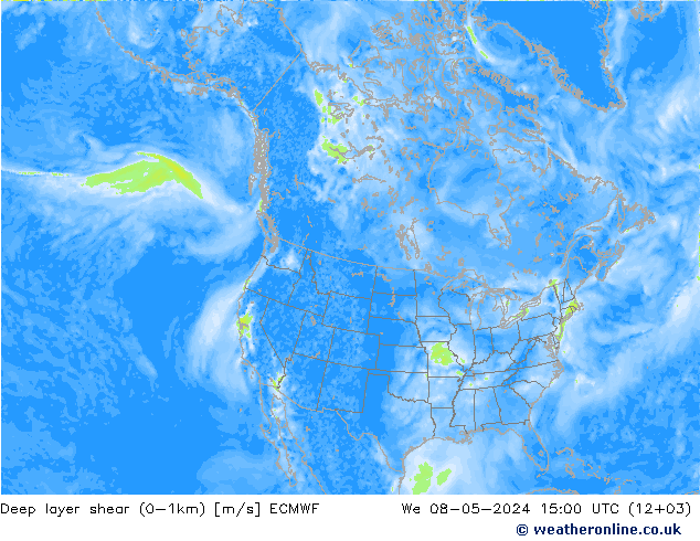 Deep layer shear (0-1km) ECMWF mer 08.05.2024 15 UTC