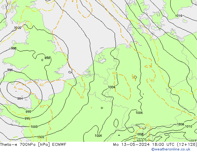 Theta-e 700hPa ECMWF Mo 13.05.2024 18 UTC