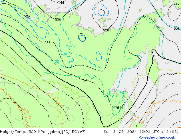 Z500/Rain (+SLP)/Z850 ECMWF Su 12.05.2024 12 UTC