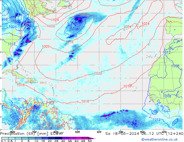 Totale neerslag (6h) ECMWF za 18.05.2024 12 UTC