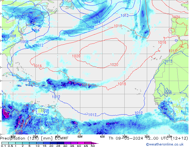 Totale neerslag (12h) ECMWF do 09.05.2024 00 UTC