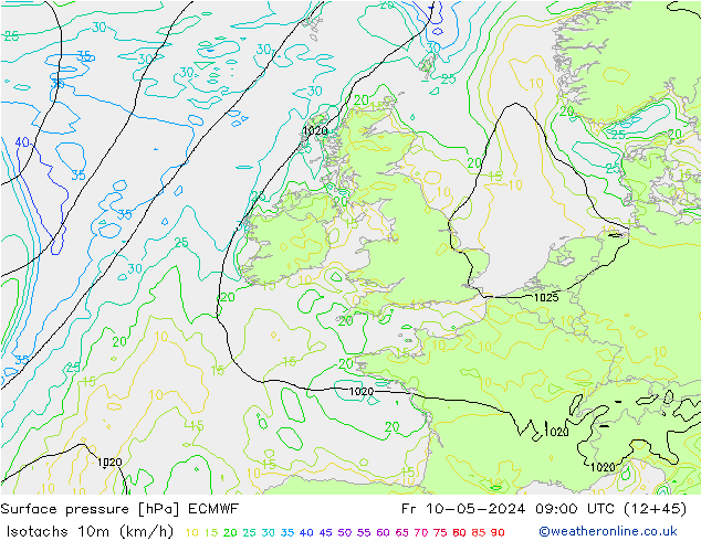 Isotachs (kph) ECMWF Fr 10.05.2024 09 UTC
