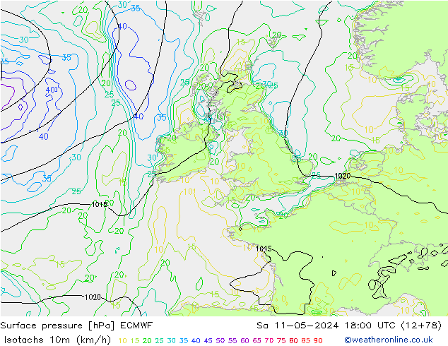 Isotachs (kph) ECMWF  11.05.2024 18 UTC
