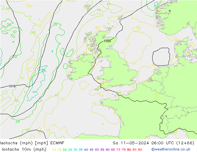 Izotacha (mph) ECMWF so. 11.05.2024 06 UTC
