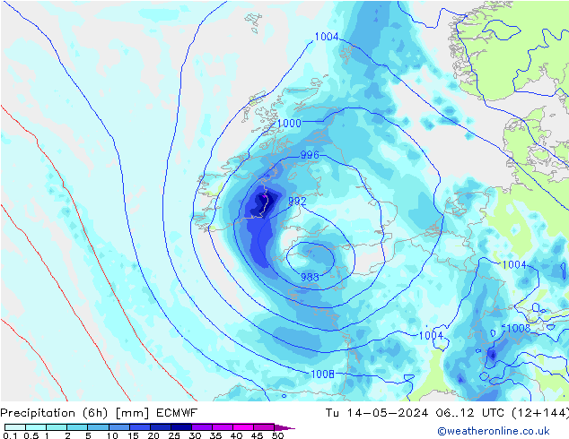 Z500/Rain (+SLP)/Z850 ECMWF wto. 14.05.2024 12 UTC