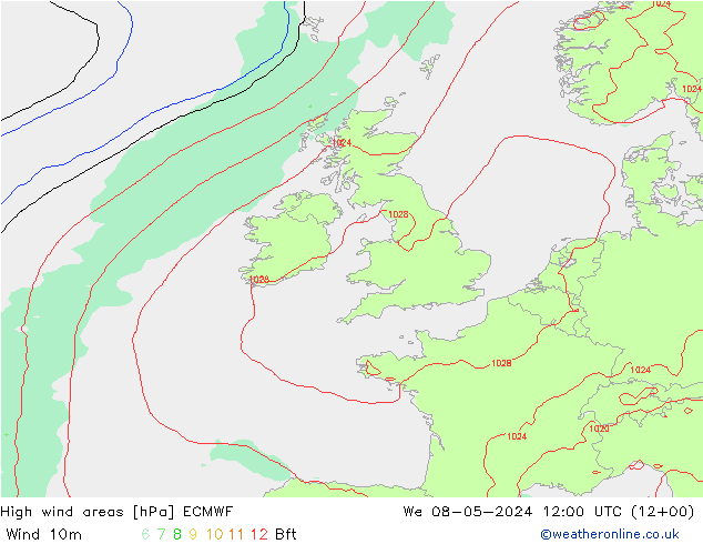 High wind areas ECMWF mié 08.05.2024 12 UTC