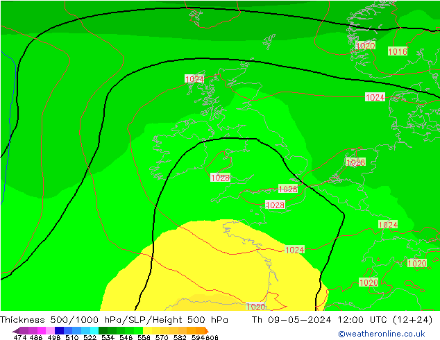 Dikte 500-1000hPa ECMWF do 09.05.2024 12 UTC