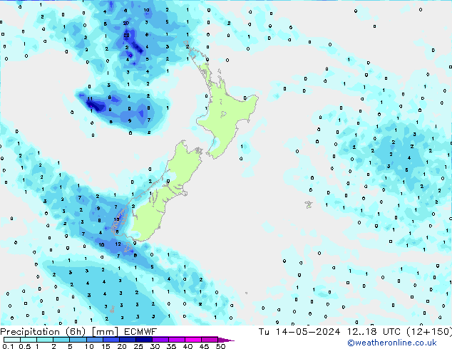 Precipitation (6h) ECMWF Út 14.05.2024 18 UTC