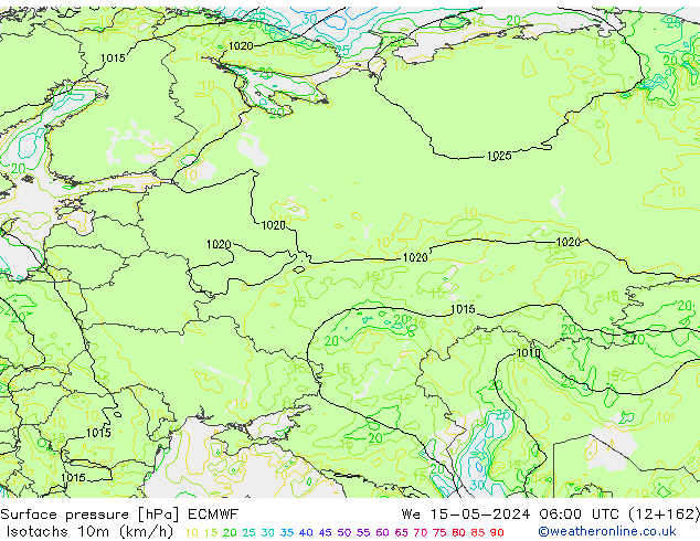 Isotachs (kph) ECMWF Qua 15.05.2024 06 UTC