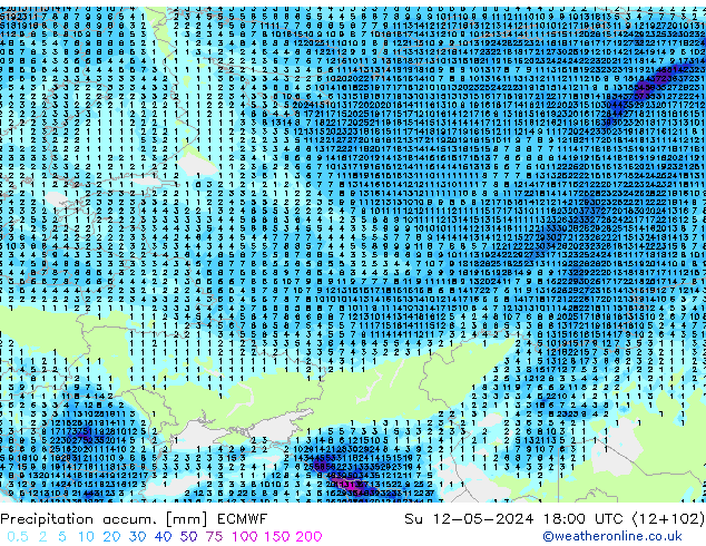 Precipitation accum. ECMWF dom 12.05.2024 18 UTC