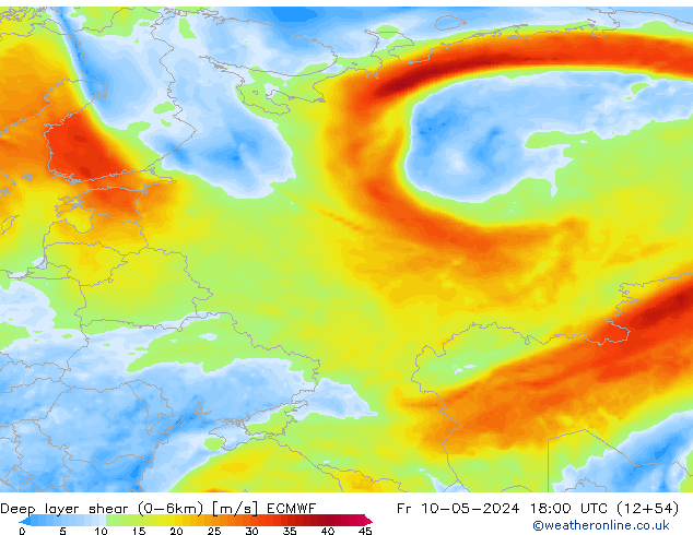 Deep layer shear (0-6km) ECMWF ven 10.05.2024 18 UTC