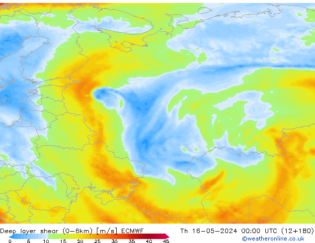 Deep layer shear (0-6km) ECMWF Th 16.05.2024 00 UTC