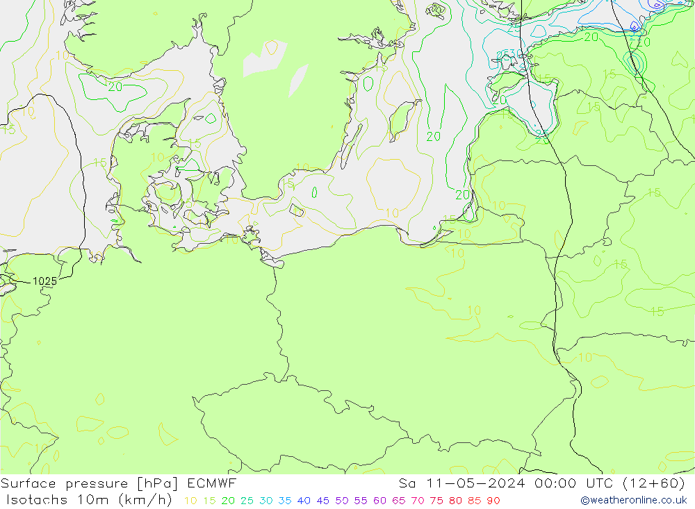Isotachs (kph) ECMWF Sa 11.05.2024 00 UTC
