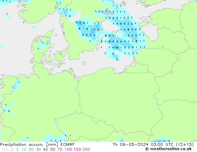Precipitation accum. ECMWF чт 09.05.2024 03 UTC