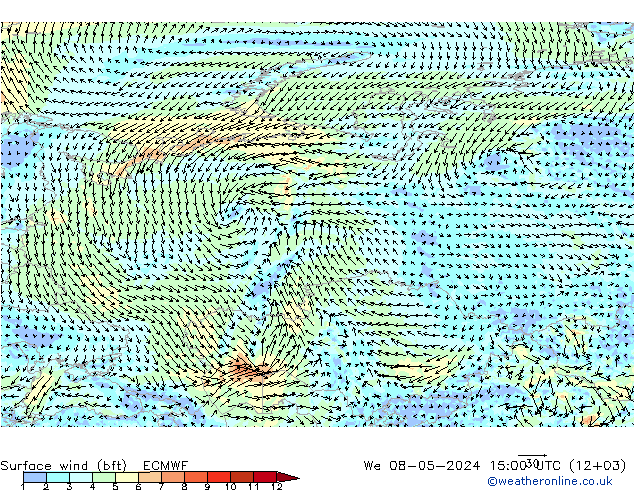 Vento 10 m (bft) ECMWF mer 08.05.2024 15 UTC