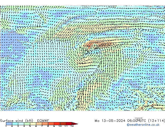 Wind 10 m (bft) ECMWF ma 13.05.2024 06 UTC