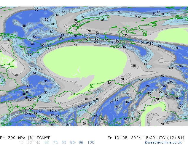 RH 300 hPa ECMWF Fr 10.05.2024 18 UTC