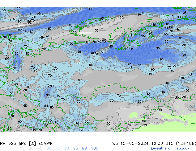 Humidité rel. 925 hPa ECMWF mer 15.05.2024 12 UTC