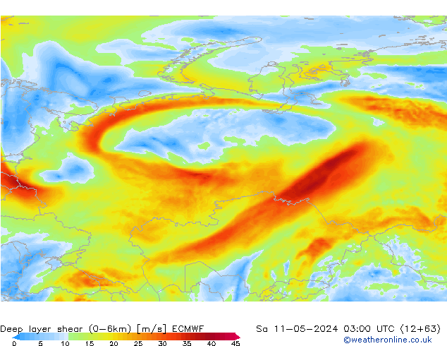 Deep layer shear (0-6km) ECMWF сб 11.05.2024 03 UTC