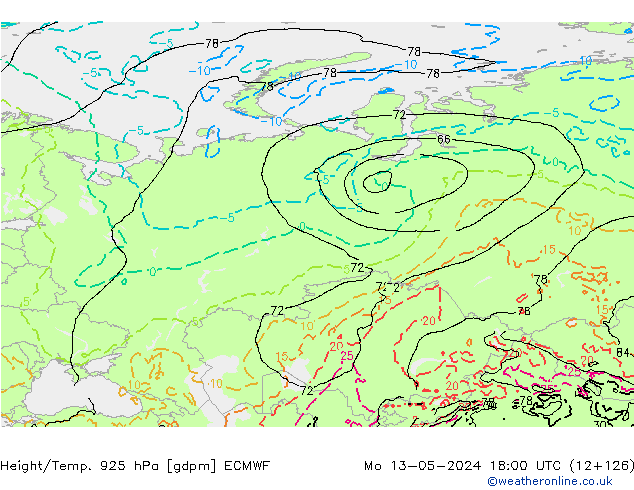 Yükseklik/Sıc. 925 hPa ECMWF Pzt 13.05.2024 18 UTC