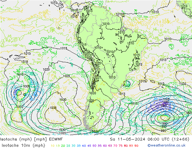 Izotacha (mph) ECMWF so. 11.05.2024 06 UTC