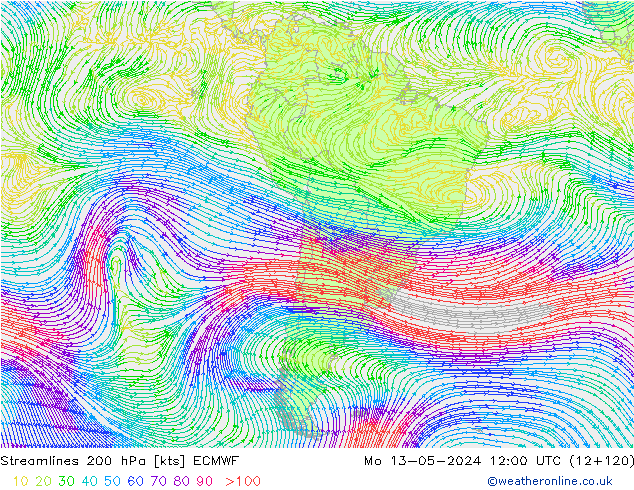 Linia prądu 200 hPa ECMWF pon. 13.05.2024 12 UTC