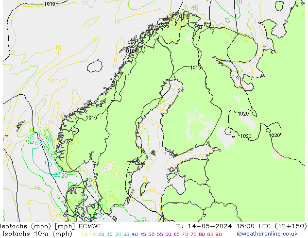 Isotachen (mph) ECMWF Di 14.05.2024 18 UTC