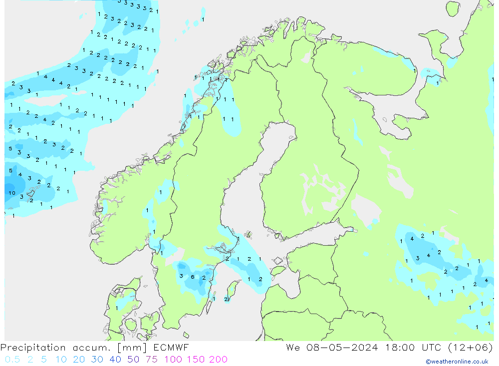 Precipitation accum. ECMWF mer 08.05.2024 18 UTC