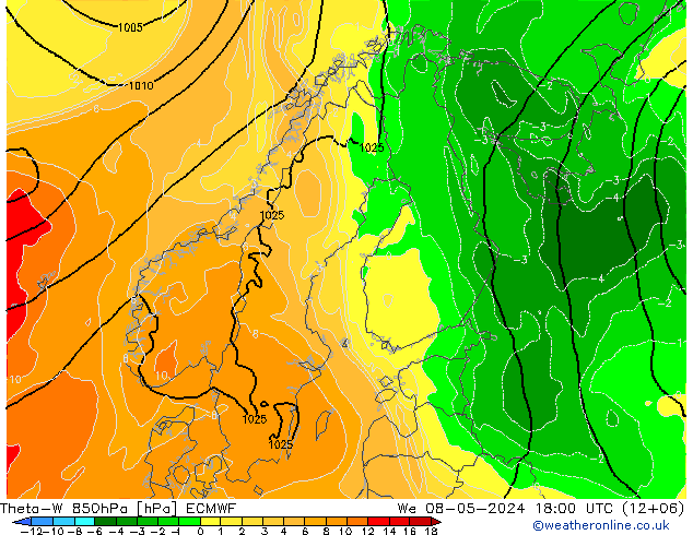 Theta-W 850hPa ECMWF mer 08.05.2024 18 UTC