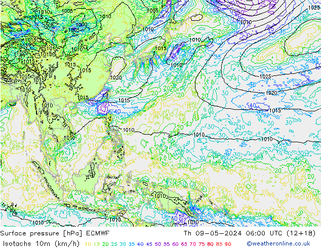 Isotachs (kph) ECMWF чт 09.05.2024 06 UTC