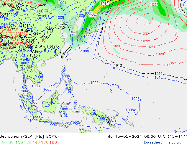 Jet stream/SLP ECMWF Mo 13.05.2024 06 UTC