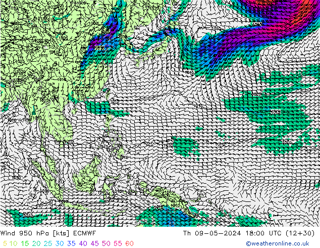 Rüzgar 950 hPa ECMWF Per 09.05.2024 18 UTC