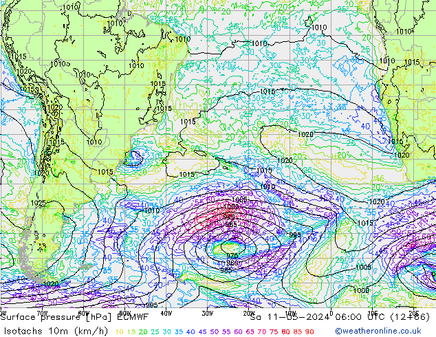 Isotachen (km/h) ECMWF za 11.05.2024 06 UTC