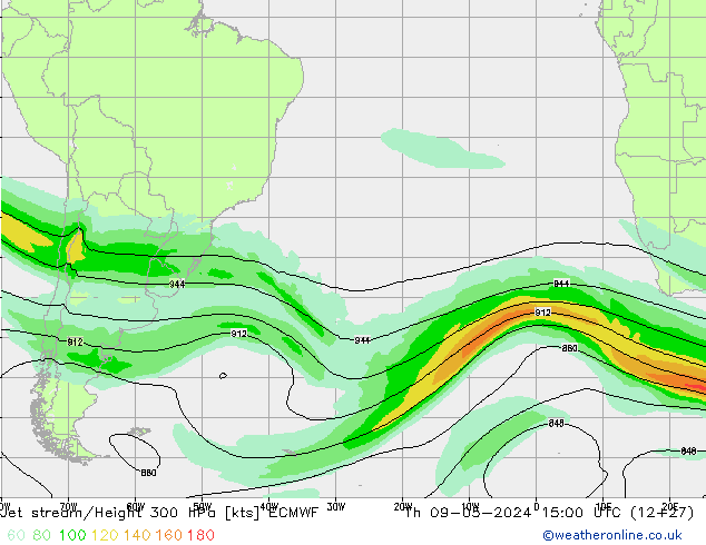 Jet stream/Height 300 hPa ECMWF Čt 09.05.2024 15 UTC